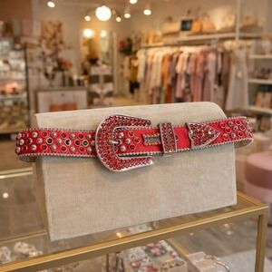 BB Simon Swarovski Crystal Red Leather Belt Rodeo Country Cowgirl 27"